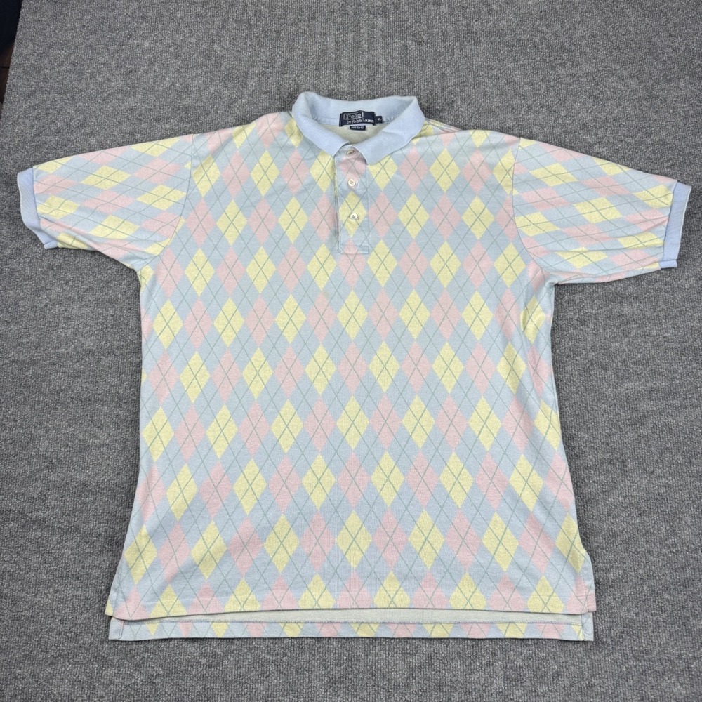 VINTAGE Polo Ralph Lauren Shirt Men XL Argyle Short Sleeve Button‎ Up Easter 90s